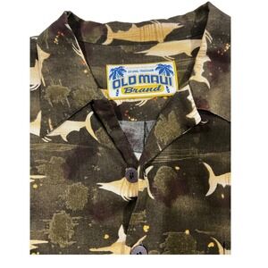 VTG 90's Old Maui Brand Mens Swordfish Marlin Aloha Shirt Olive Green Short Slv
